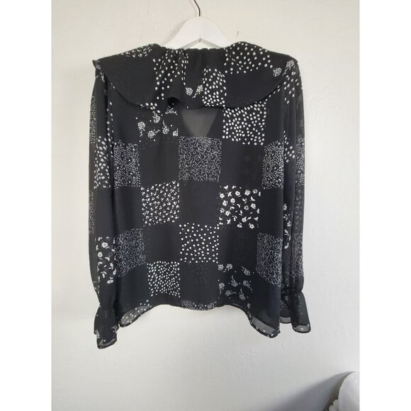 Vintage Judy Knapp Patchwork Print Sheer Button-Up Blouse Ruffle Collar Black - Picture 2 of 6